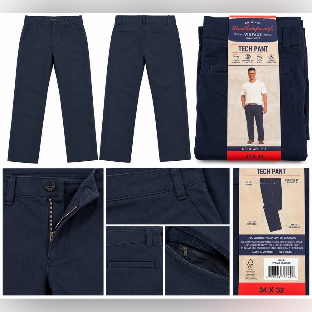Weatherproof Men’s Navy Tech Pants - Straight Fit 34 x 32